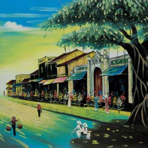 Tranh sơn mài phố cổ đẹp hình vuông